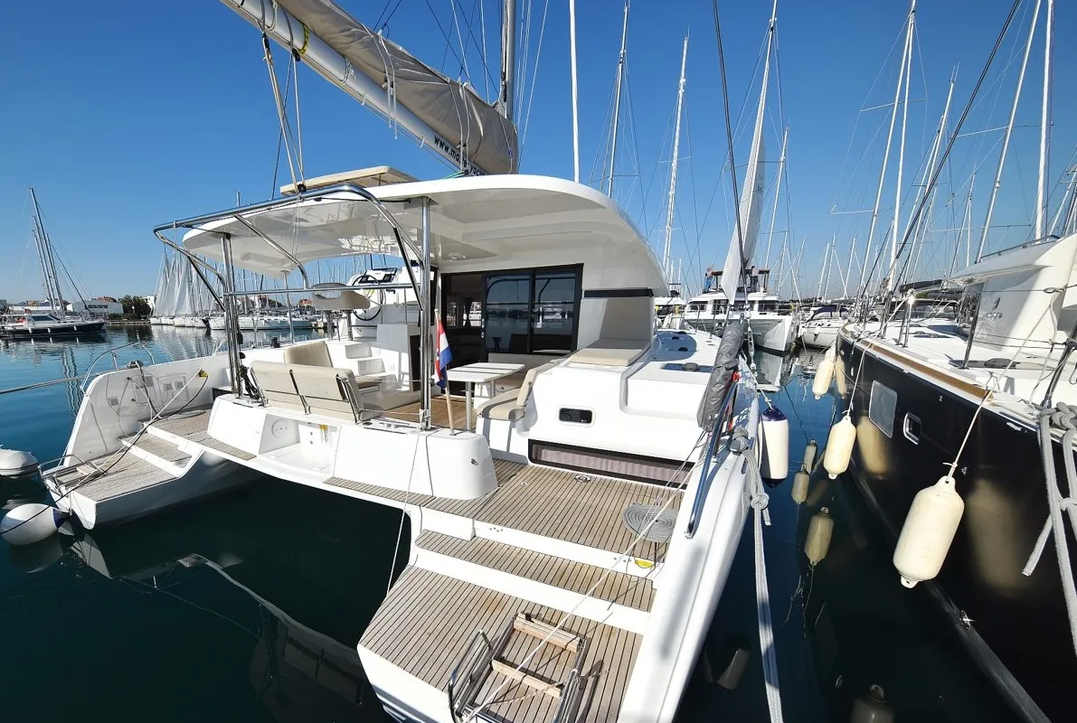 Exterior view of Cuzamen, a Lagoon 42 catamaran at Sukošan, Croatia