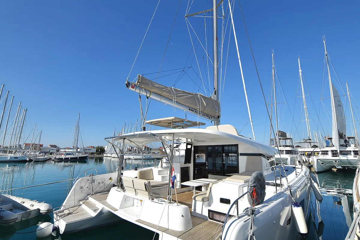 Exterior view of Cuzamen, a Lagoon 42 catamaran at Sukošan, Croatia