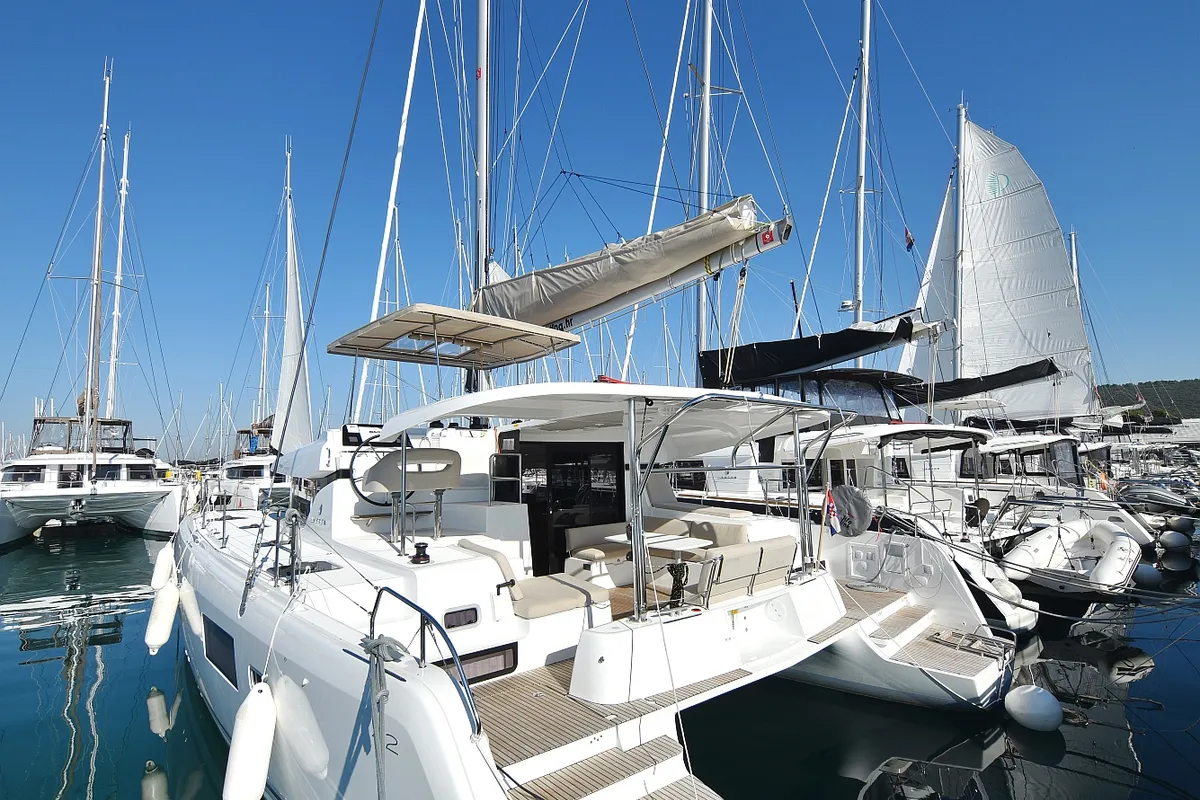 Exterior view of Cuzamen, a Lagoon 42 catamaran at Sukošan, Croatia