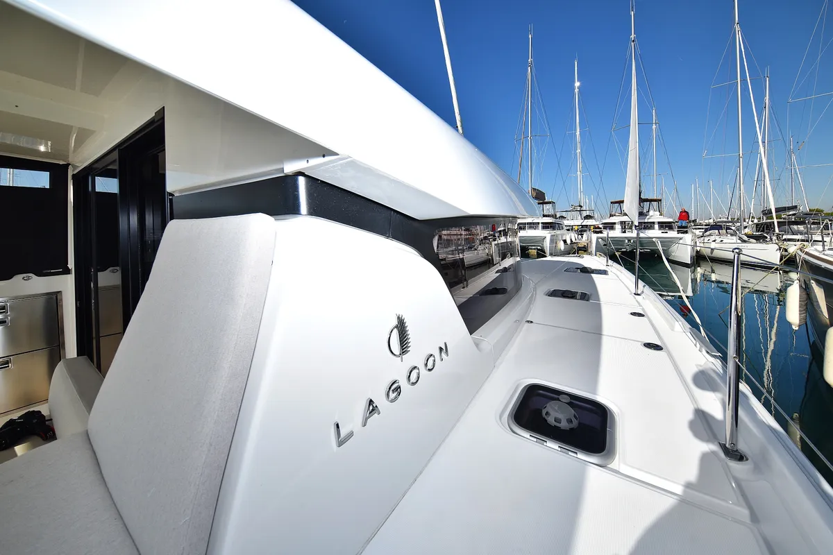 Exterior view of Cuzamen, a Lagoon 42 catamaran at Sukošan, Croatia