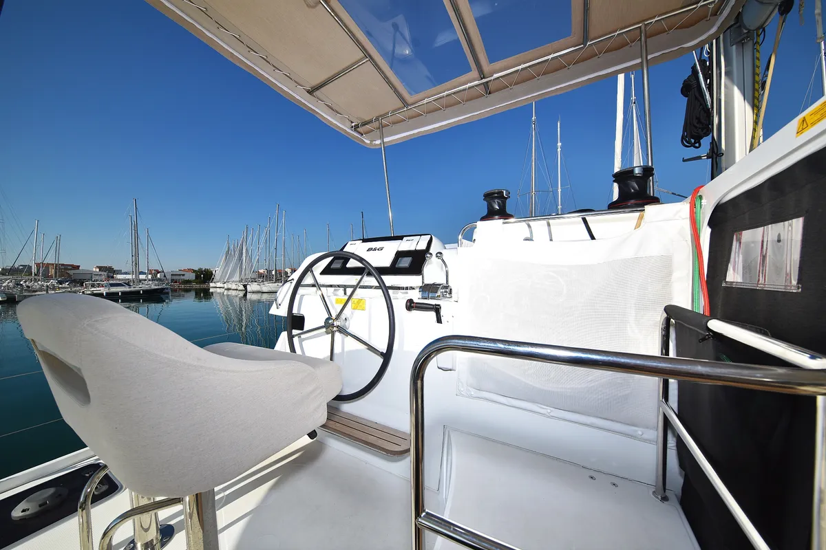 Cockpit of Cuzamen, a Lagoon 42 catamaran at Sukošan, Croatia