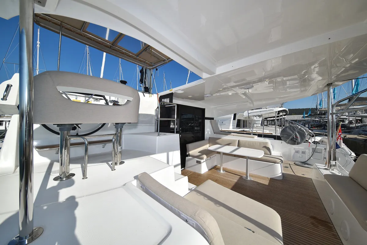 Cockpit of Cuzamen, a Lagoon 42 catamaran at Sukošan, Croatia