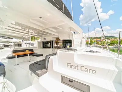 Deck of First Care, a Lagoon 46 catamaran at Skradin, Croatia