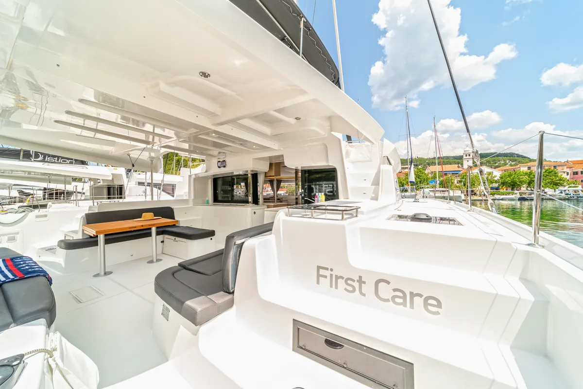 Deck of First Care, a Lagoon 46 catamaran at Skradin, Croatia