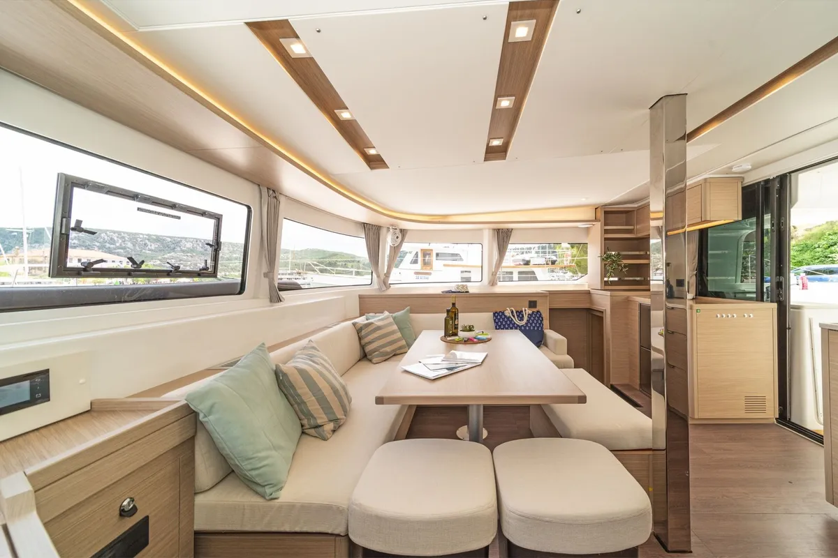 Salon of First Care, a Lagoon 46 catamaran at Skradin, Croatia