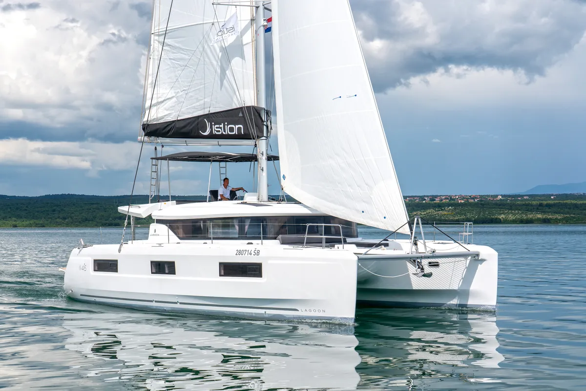Exterior view of First Care, a Lagoon 46 catamaran at Skradin, Croatia