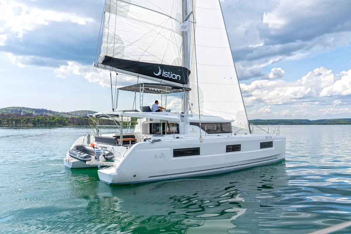 Exterior view of First Care, a Lagoon 46 catamaran at Skradin, Croatia