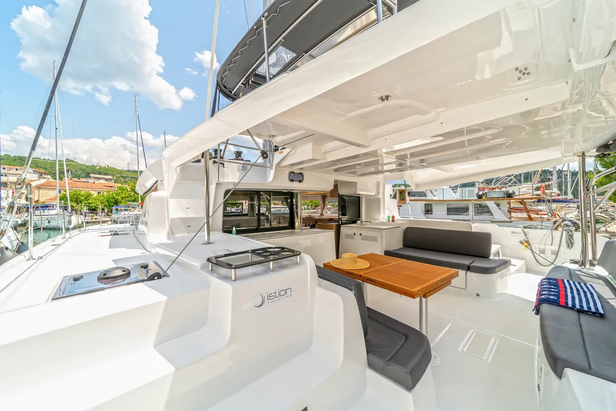 Deck of First Care, a Lagoon 46 catamaran at Skradin, Croatia