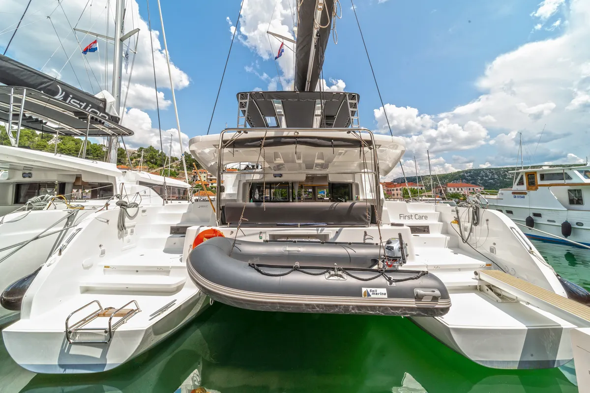 Exterior view of First Care, a Lagoon 46 catamaran at Skradin, Croatia