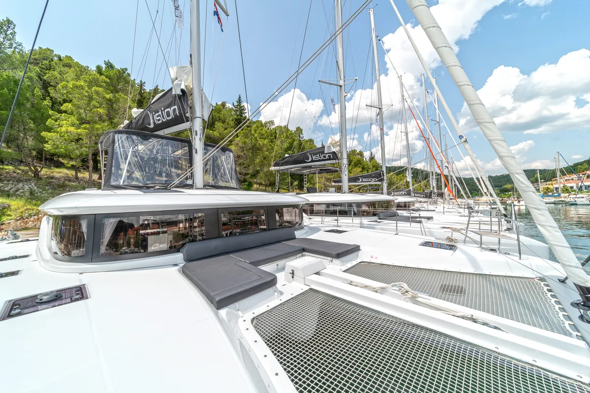 Deck of First Care, a Lagoon 46 catamaran at Skradin, Croatia