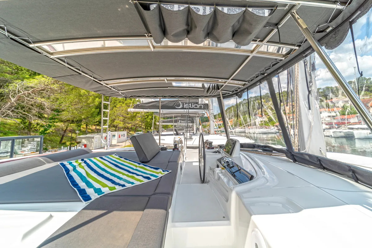 Cockpit of First Care, a Lagoon 46 catamaran at Skradin, Croatia