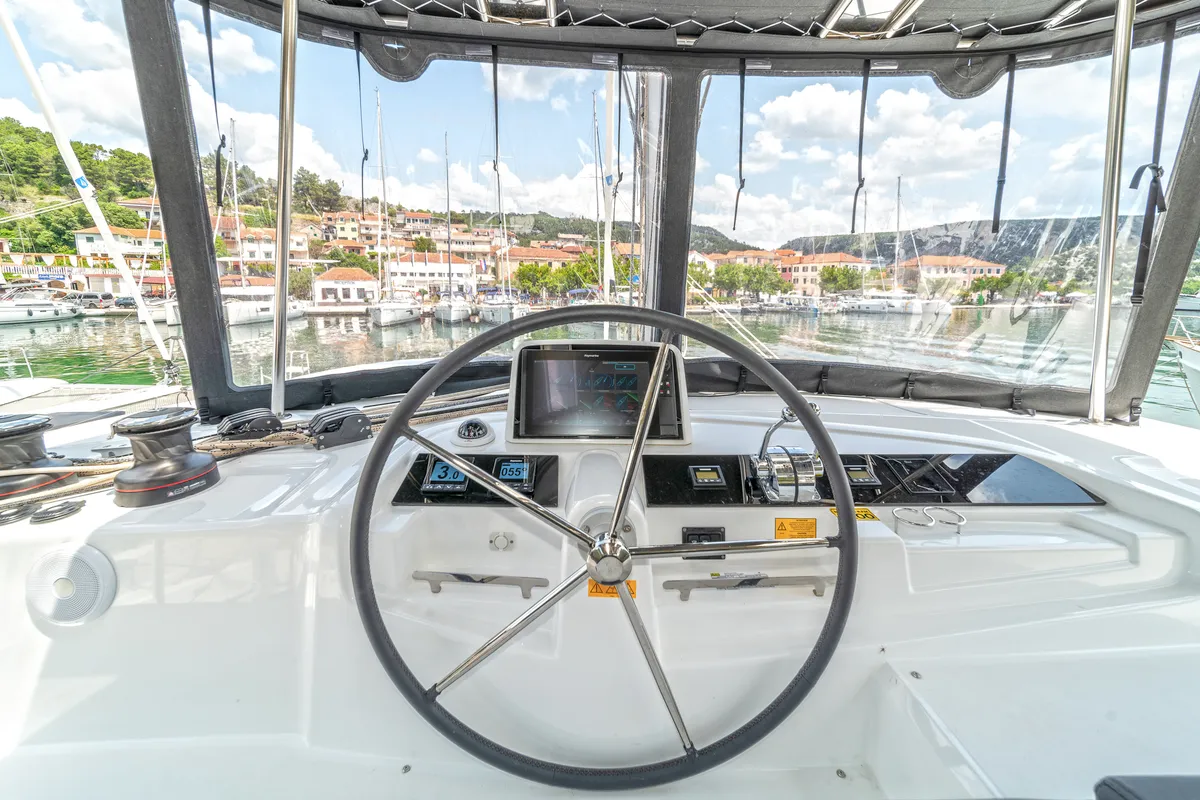 Cockpit of First Care, a Lagoon 46 catamaran at Skradin, Croatia