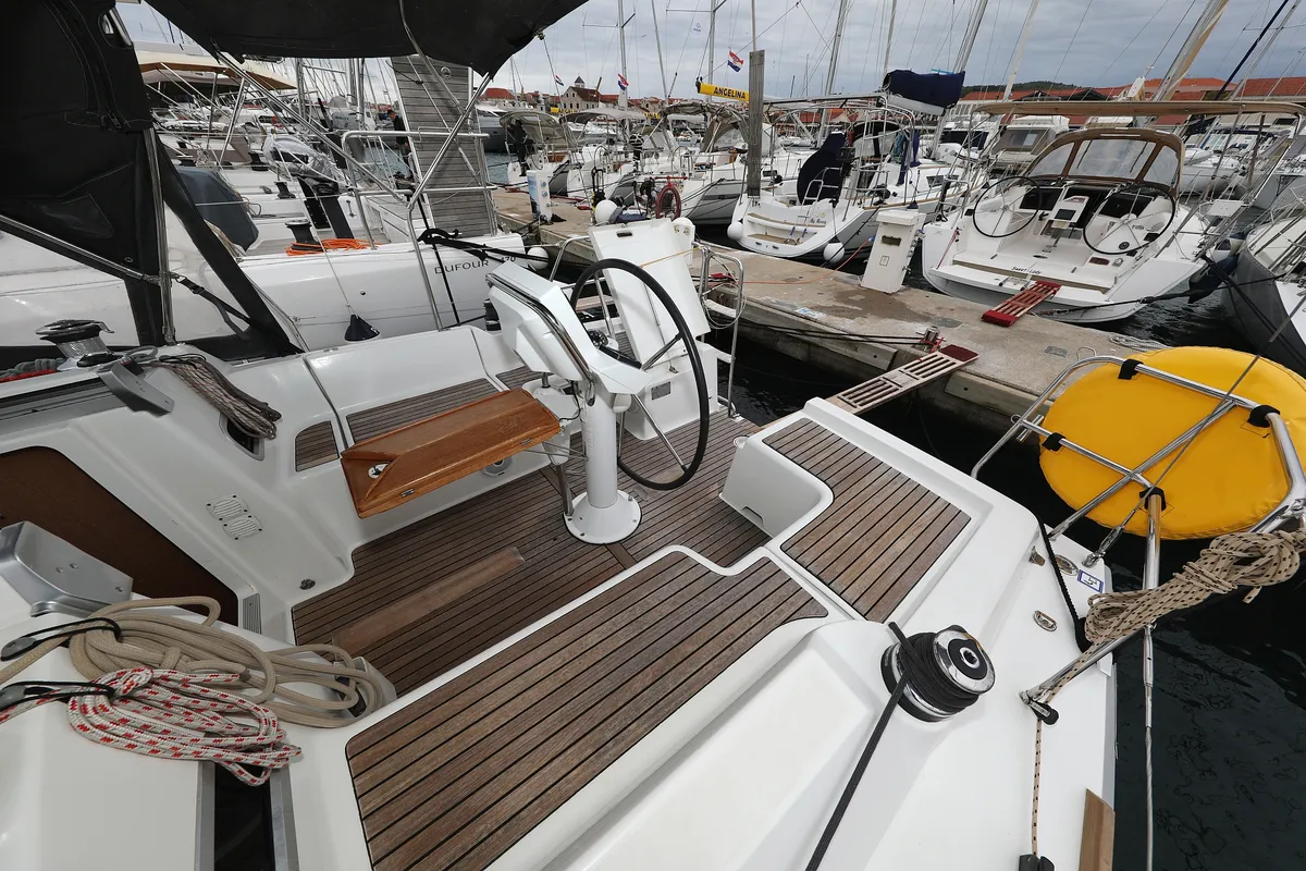 Cockpit of Caprice, a Beneteau Oceanis 34 sailboat at Grad Vodice, Croatia