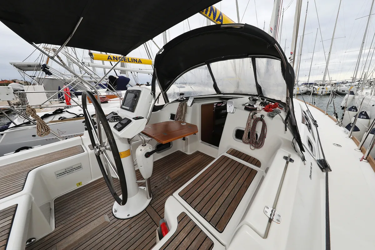 Cockpit of Caprice, a Beneteau Oceanis 34 sailboat at Grad Vodice, Croatia