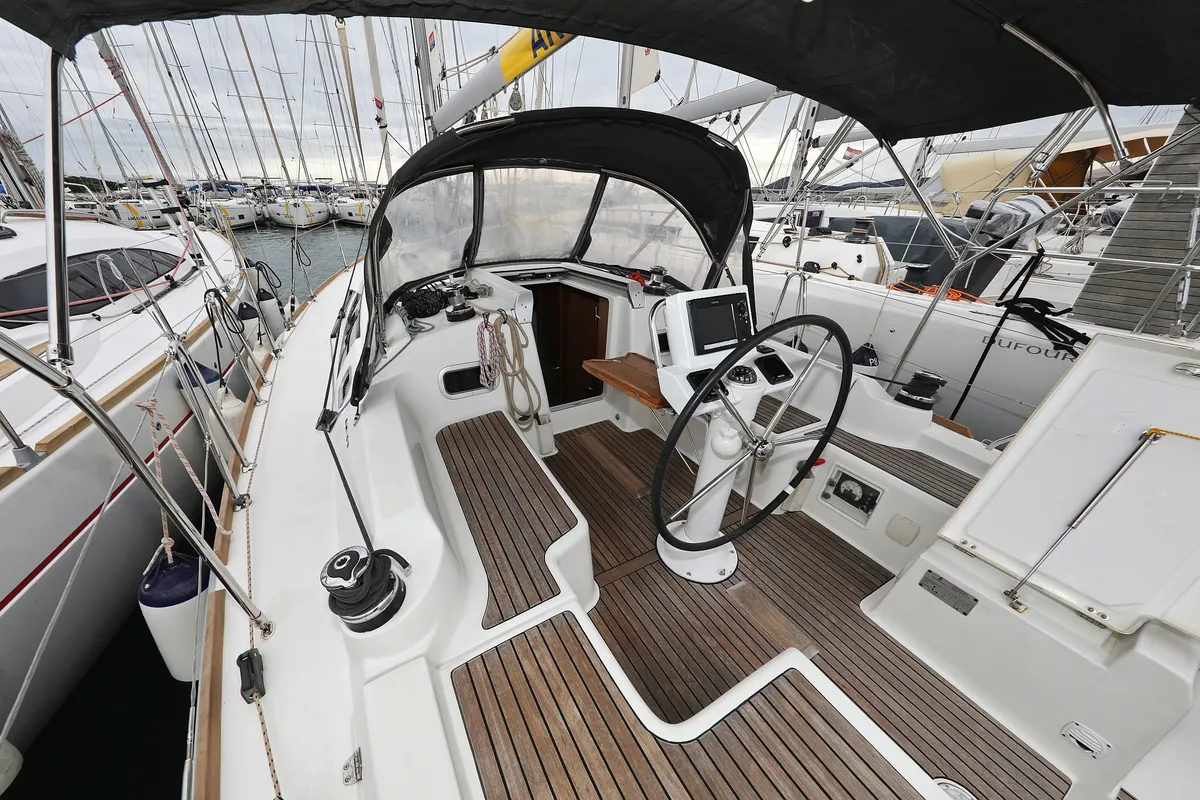 Cockpit of Caprice, a Beneteau Oceanis 34 sailboat at Grad Vodice, Croatia