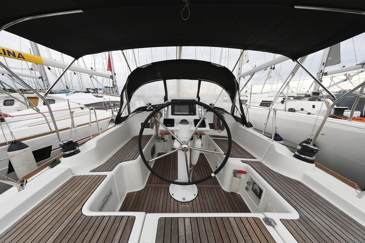 Cockpit of Caprice, a Beneteau Oceanis 34 sailboat at Grad Vodice, Croatia