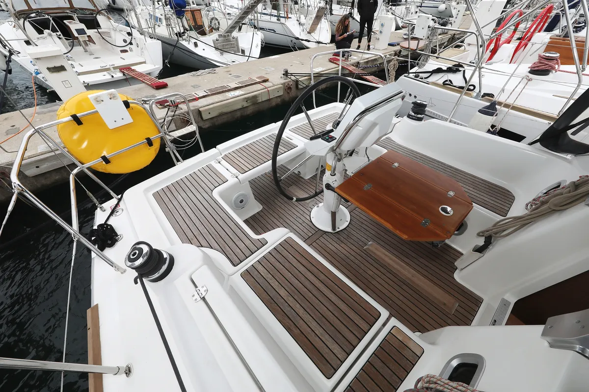Cockpit of Caprice, a Beneteau Oceanis 34 sailboat at Grad Vodice, Croatia