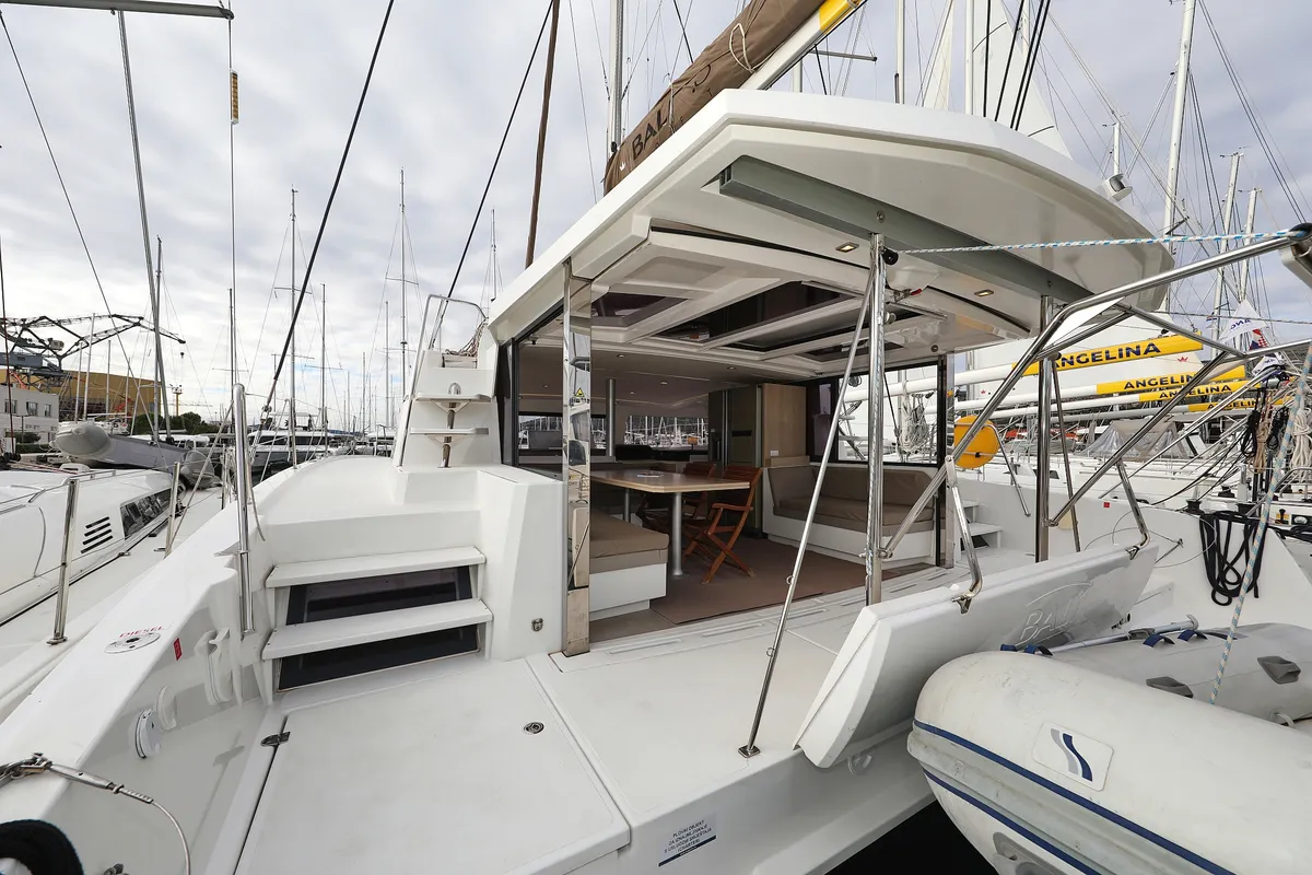 Deck of Tisia, a Bali 4.3 catamaran at Grad Trogir, Croatia