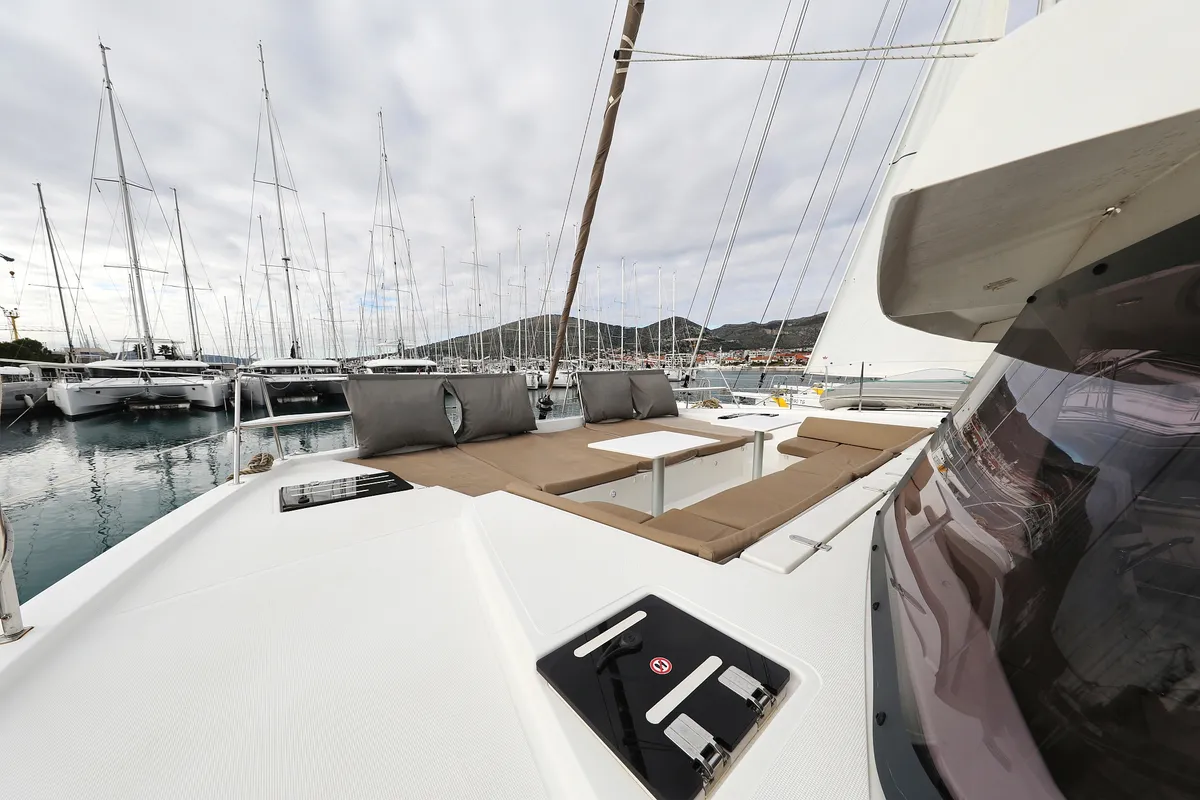 Deck of Tisia, a Bali 4.3 catamaran at Grad Trogir, Croatia