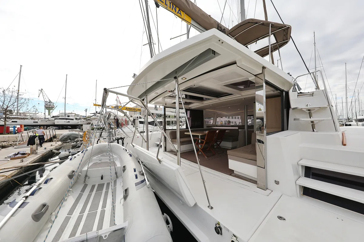 Deck of Tisia, a Bali 4.3 catamaran at Grad Trogir, Croatia