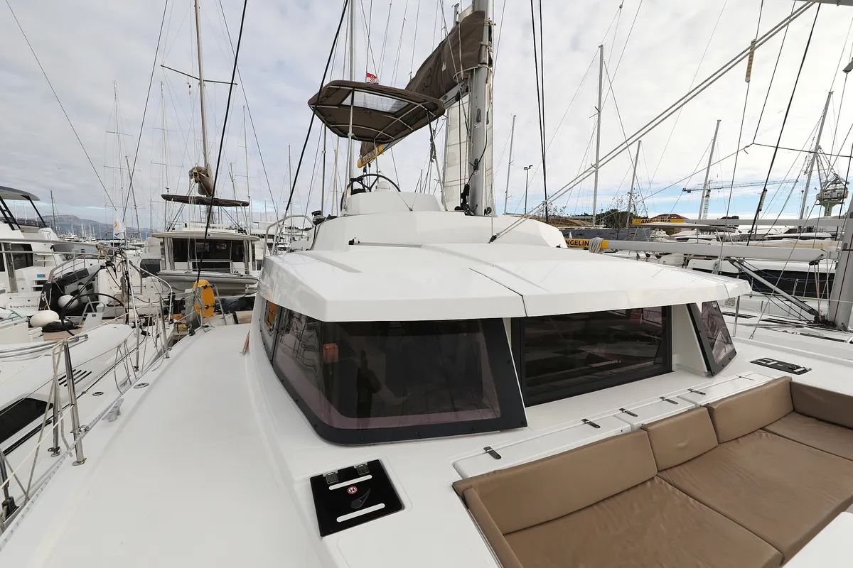 Deck of Tisia, a Bali 4.3 catamaran at Grad Trogir, Croatia