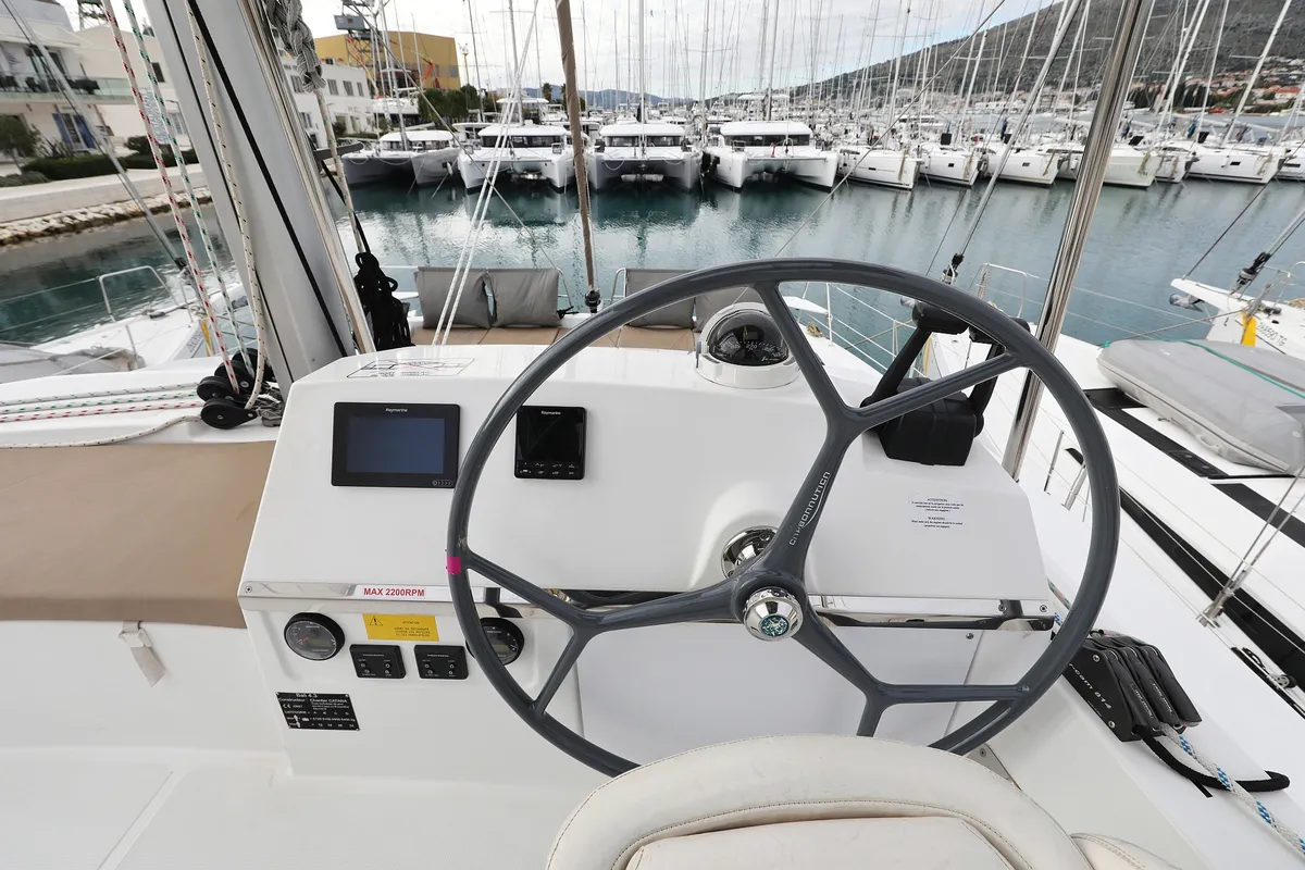 Cockpit of Tisia, a Bali 4.3 catamaran at Grad Trogir, Croatia