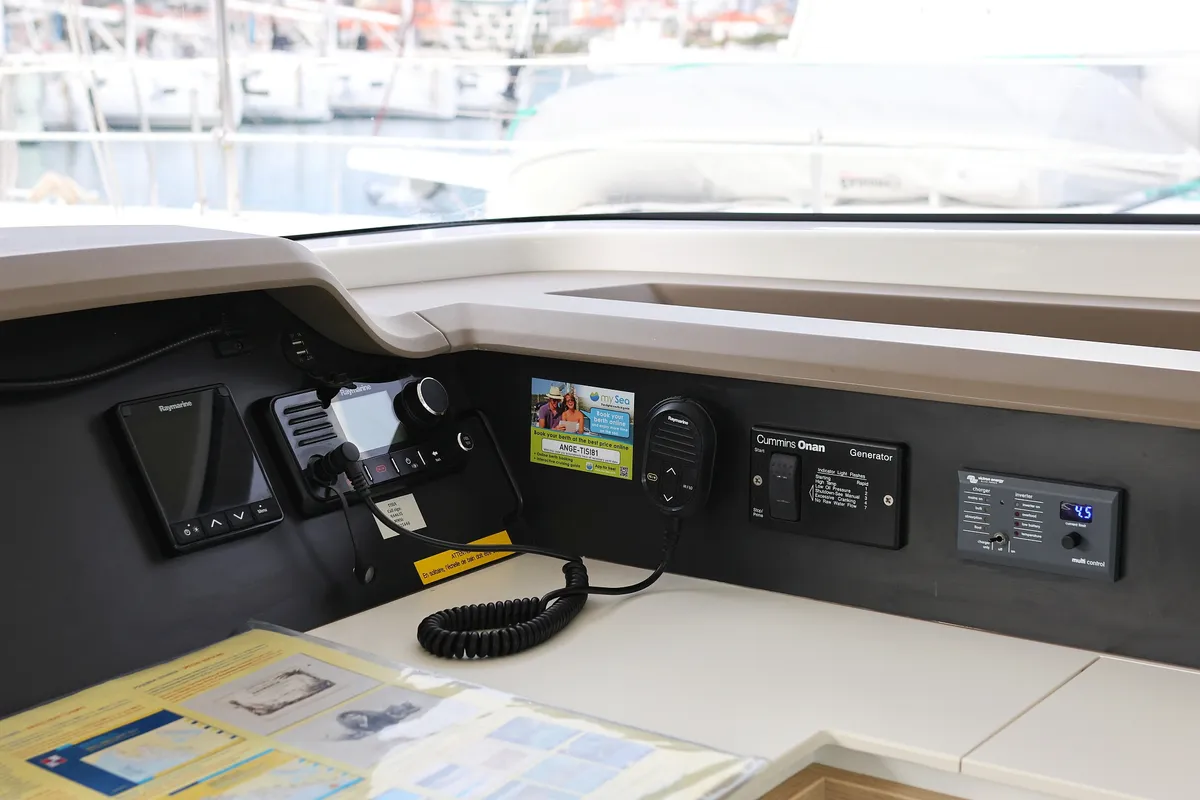 Cockpit of Tisia, a Bali 4.3 catamaran at Grad Trogir, Croatia