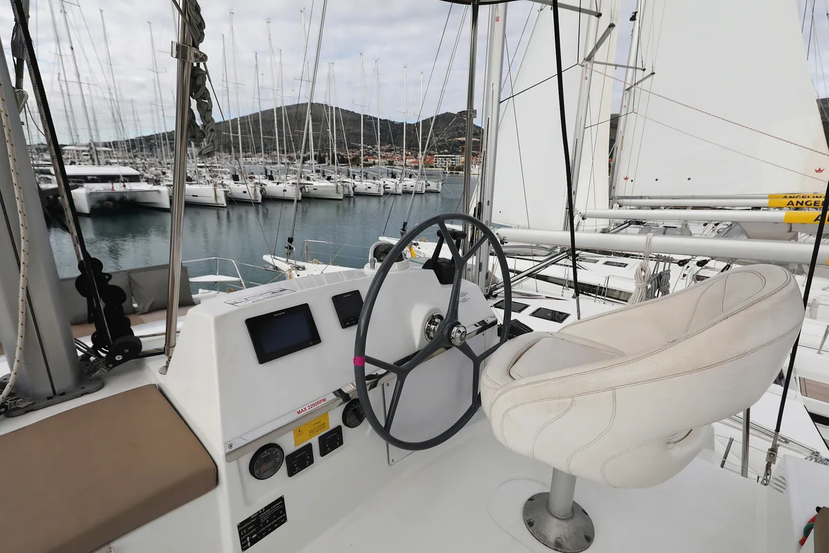 Cockpit of Tisia, a Bali 4.3 catamaran at Grad Trogir, Croatia