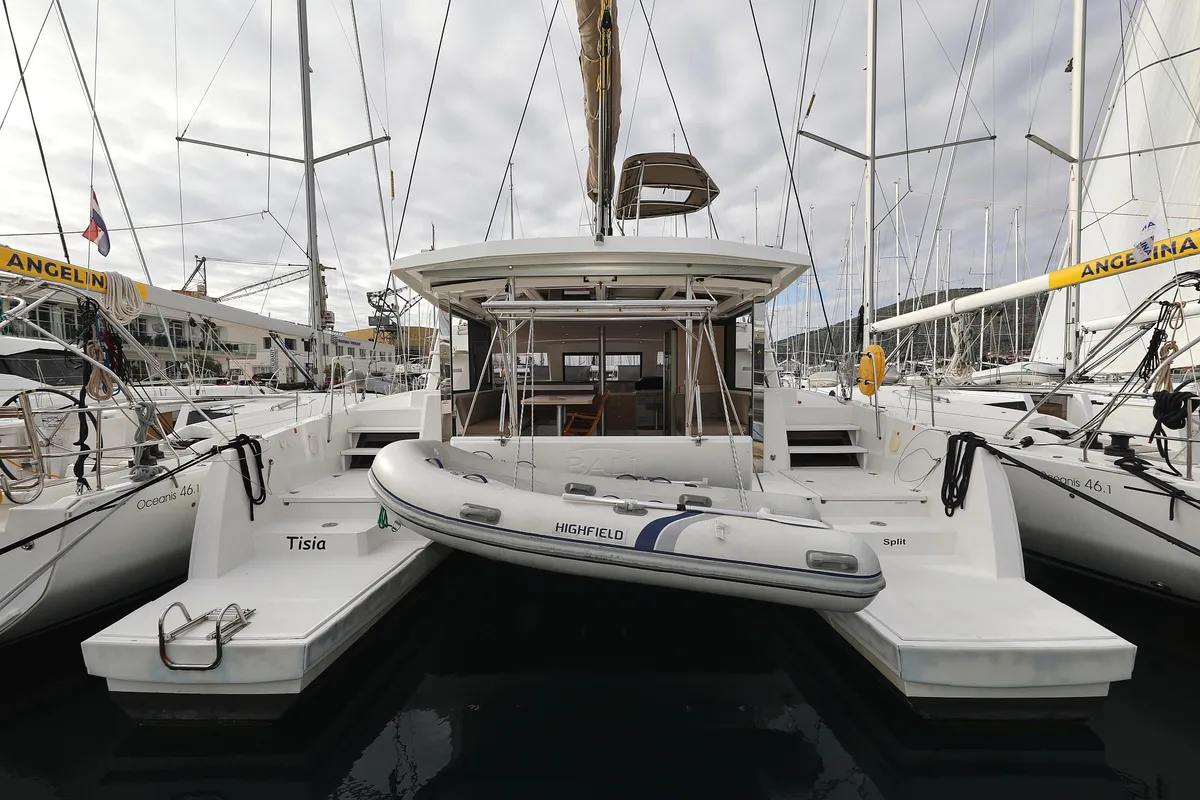 Exterior view of Tisia, a Bali 4.3 catamaran at Grad Trogir, Croatia