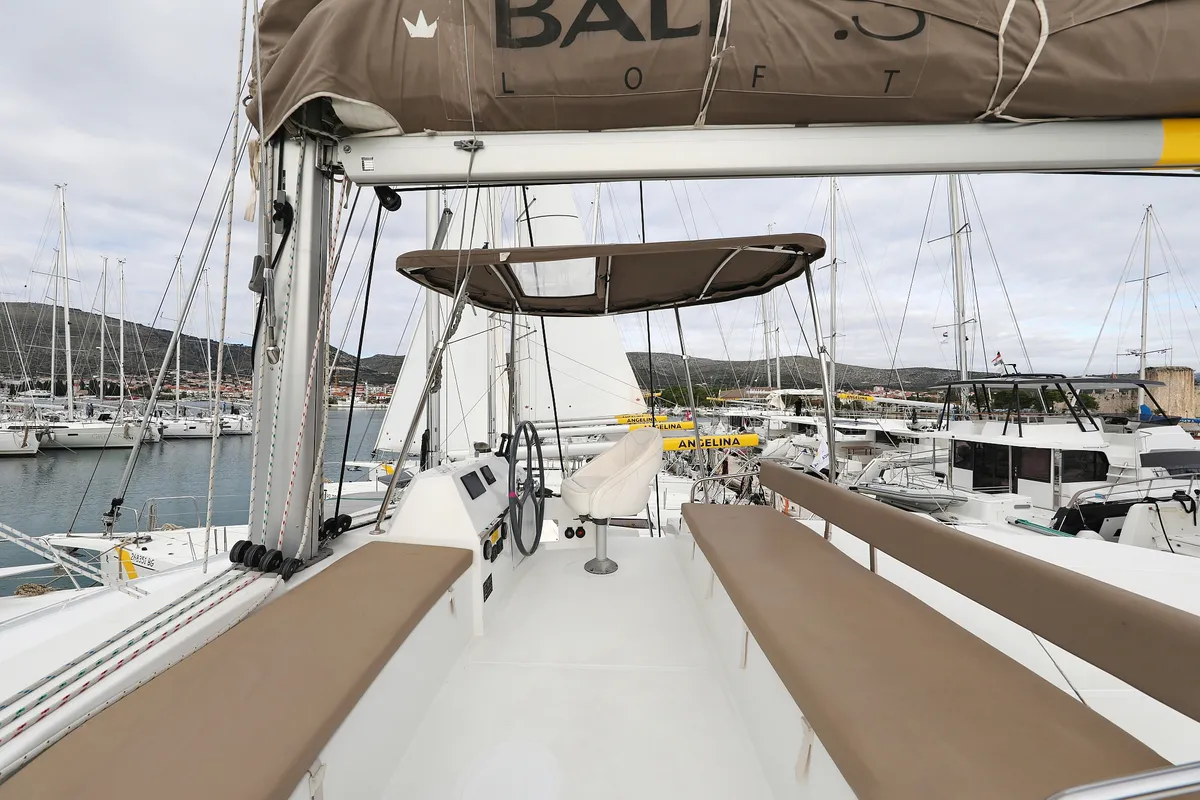 Cockpit of Tisia, a Bali 4.3 catamaran at Grad Trogir, Croatia