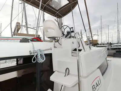 Cockpit of Tisia, a Bali 4.3 catamaran at Grad Trogir, Croatia