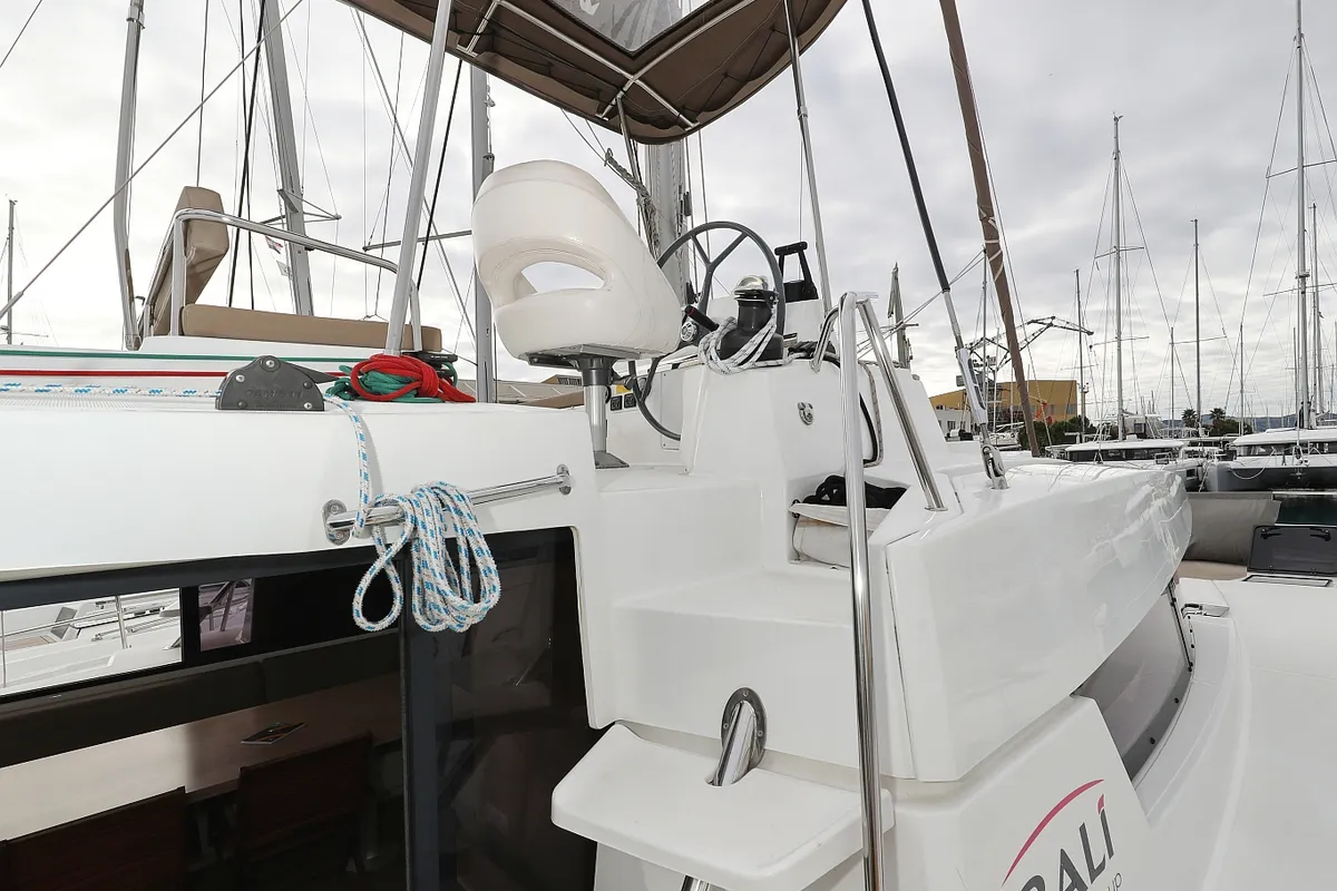 Cockpit of Tisia, a Bali 4.3 catamaran at Grad Trogir, Croatia