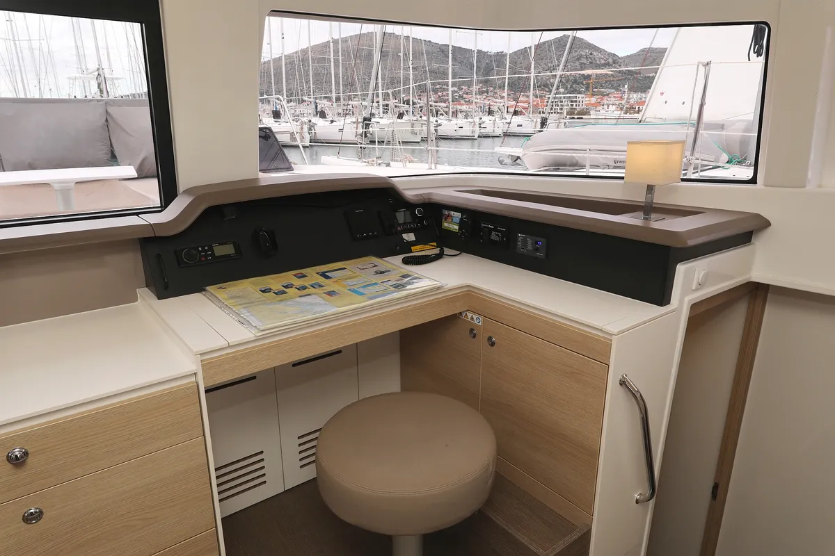 Cockpit of Tisia, a Bali 4.3 catamaran at Grad Trogir, Croatia