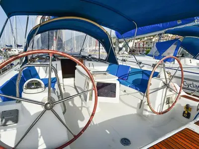 Cockpit of Soyamaje, a Beneteau Oceanis 43 sailboat at Fethiye, Turkey