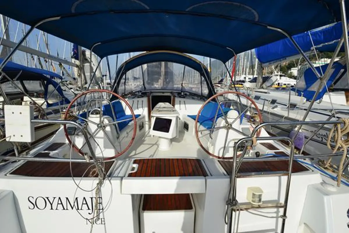 Cockpit of Soyamaje, a Beneteau Oceanis 43 sailboat at Fethiye, Turkey