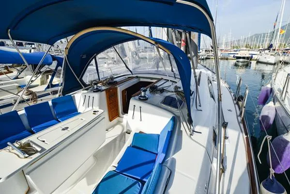 Cockpit of Soyamaje, a Beneteau Oceanis 43 sailboat at Fethiye, Turkey