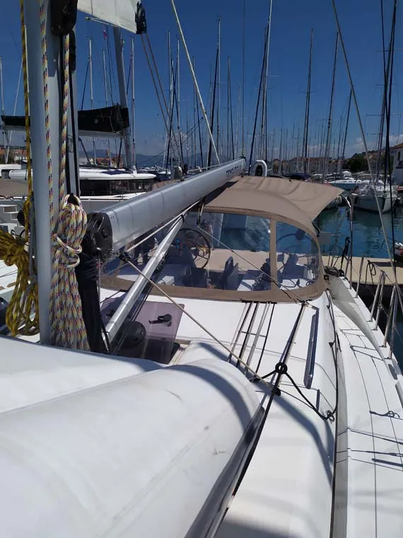 Exterior view of Bright Elli, a Jeanneau Sun Odyssey 380 sailboat at Trogir, Croatia