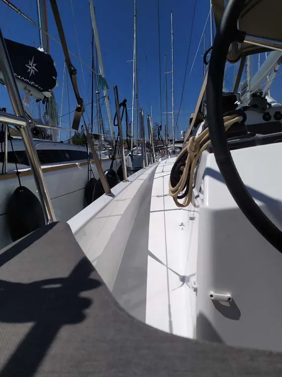 Deck of Bright Elli, a Jeanneau Sun Odyssey 380 sailboat at Trogir, Croatia