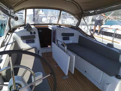 Cockpit of Bright Elli, a Jeanneau Sun Odyssey 380 sailboat at Trogir, Croatia