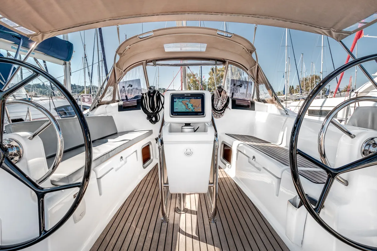 Cockpit of Calypso, a Jeanneau Sun Odyssey 419 sailboat at Municipal Unit of Palairos, Greece
