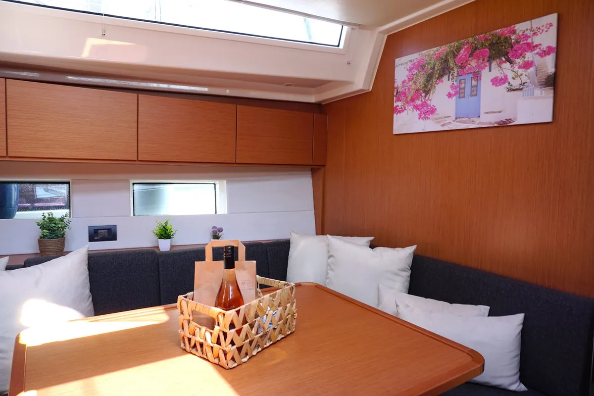 Salon of Moya One, a Bavaria C50 Style sailboat at Kontokali, Greece