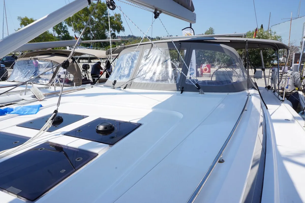 Deck of Moya One, a Bavaria C50 Style sailboat at Kontokali, Greece