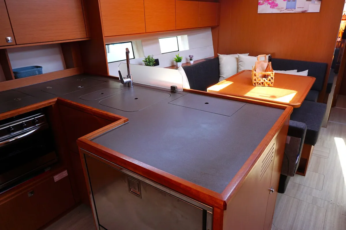 Galley of Moya One, a Bavaria C50 Style sailboat at Kontokali, Greece