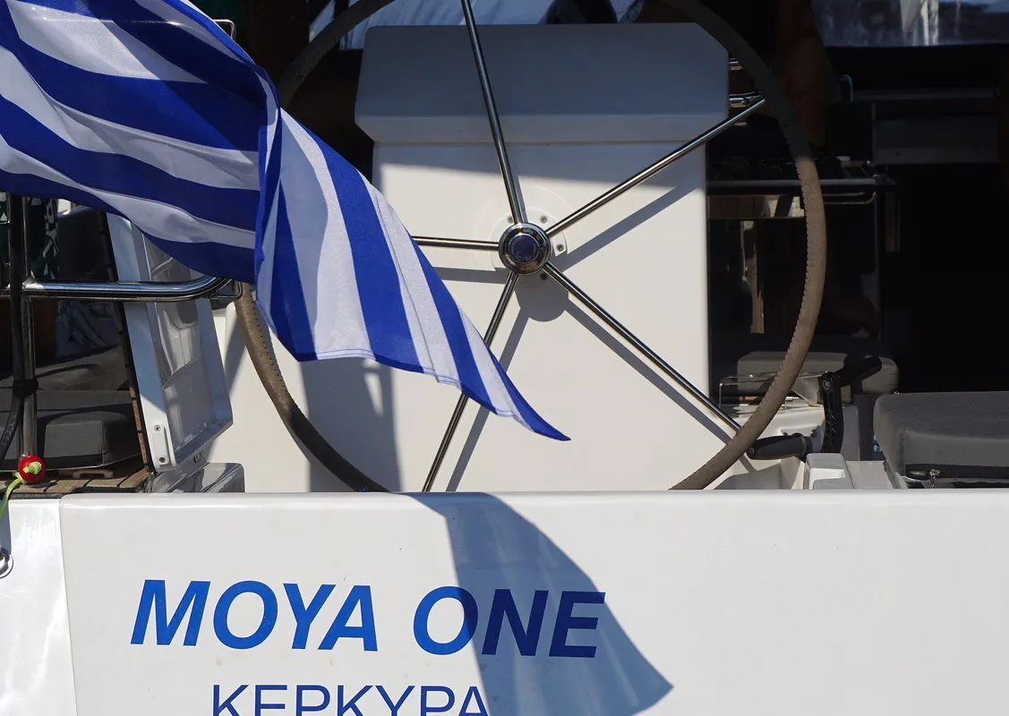 Cockpit of Moya One, a Bavaria C50 Style sailboat at Kontokali, Greece