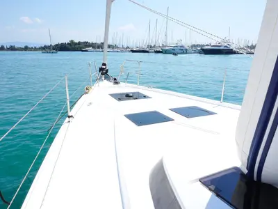 Deck of Moya One, a Bavaria C50 Style sailboat at Kontokali, Greece