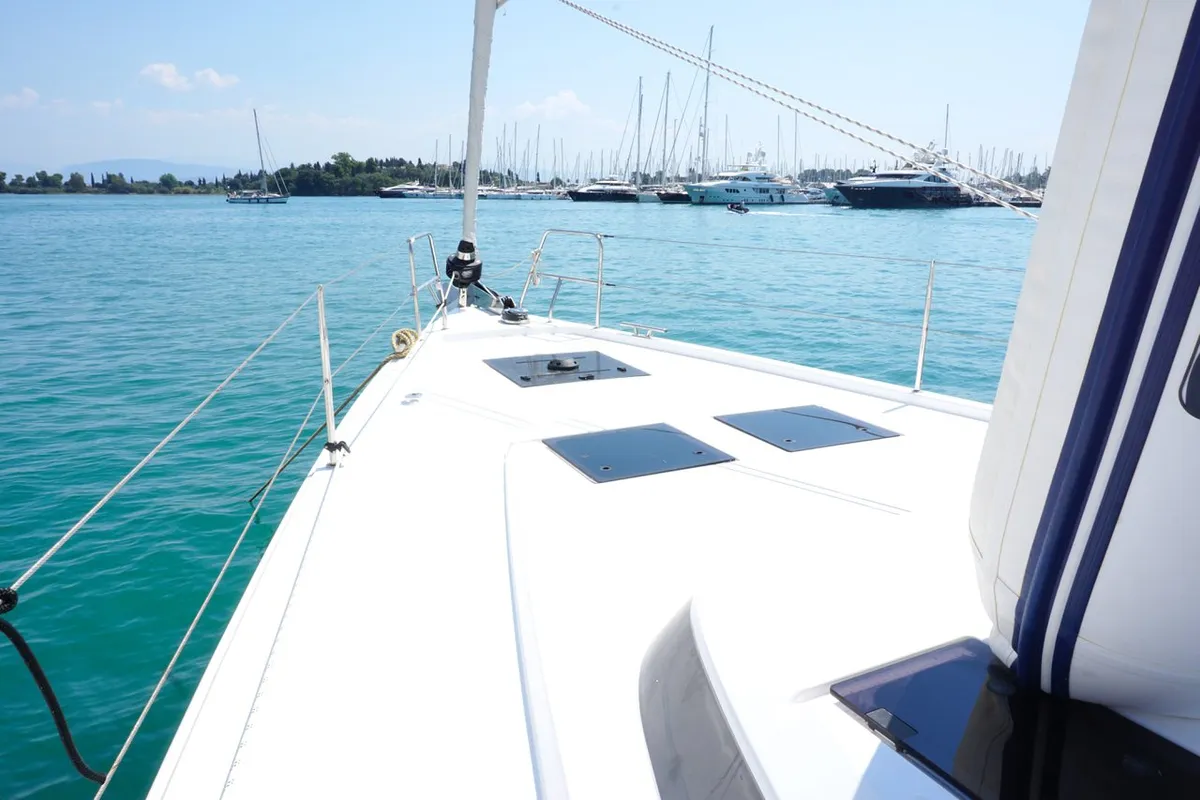 Deck of Moya One, a Bavaria C50 Style sailboat at Kontokali, Greece