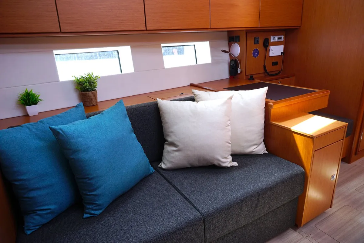 Salon of Moya One, a Bavaria C50 Style sailboat at Kontokali, Greece