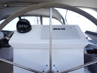 Cockpit of Moya One, a Bavaria C50 Style sailboat at Kontokali, Greece