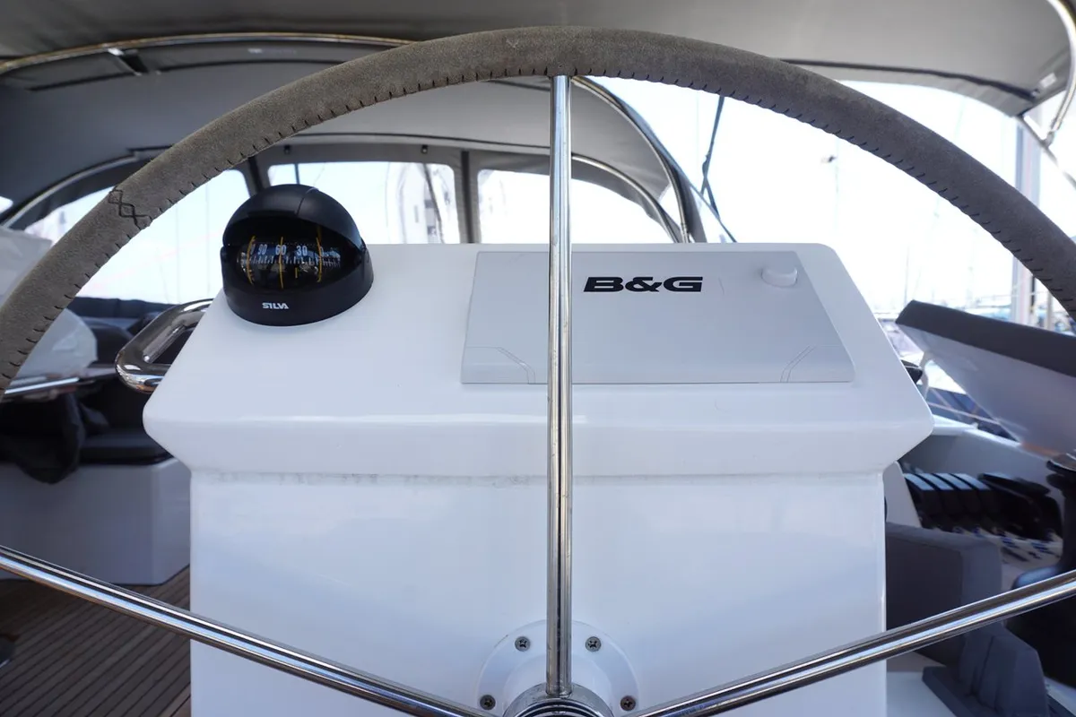 Cockpit of Moya One, a Bavaria C50 Style sailboat at Kontokali, Greece