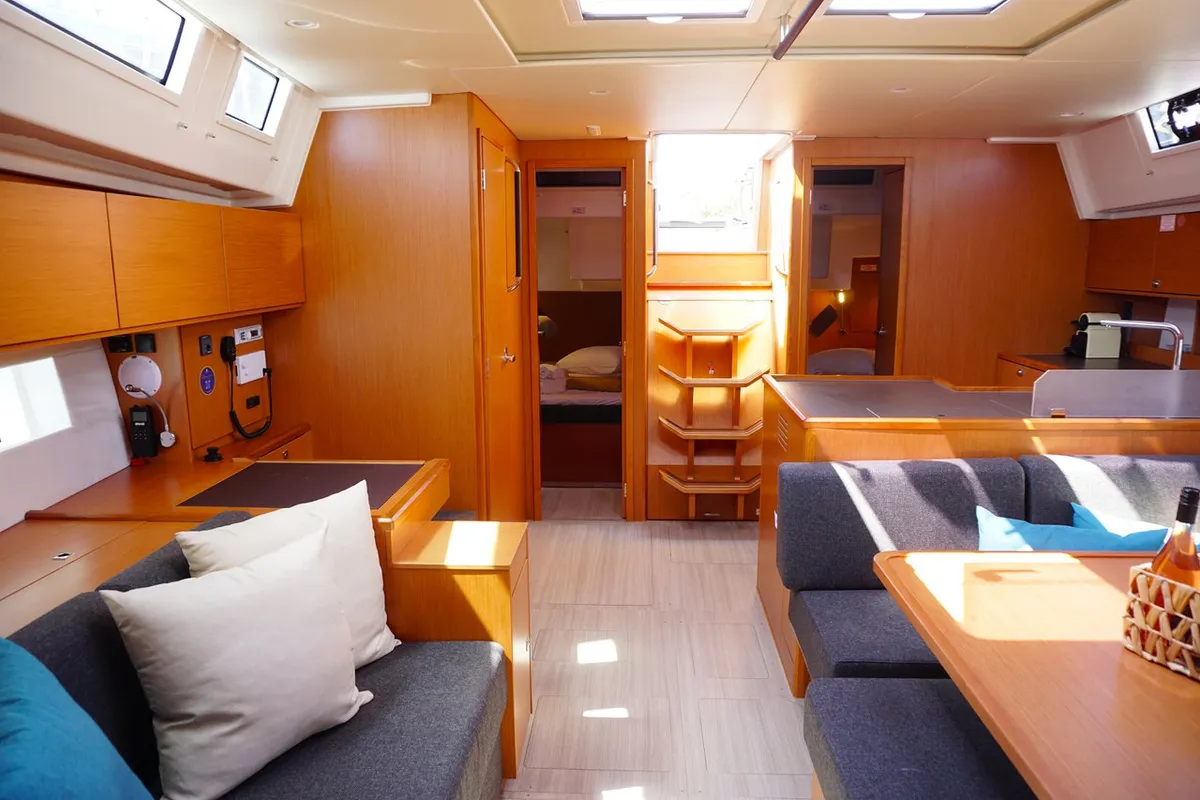 Salon of Moya One, a Bavaria C50 Style sailboat at Kontokali, Greece